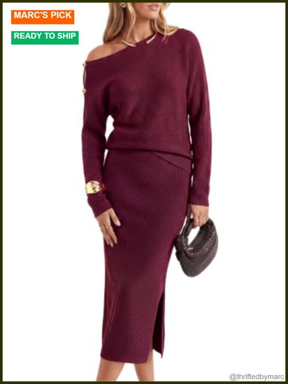 Wool Blend Off Shoulder Two Piece Sweater Skirt Set
